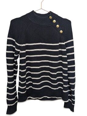 J. Crew Striped Mock Neck Sweater Gold Button Cotton Black White Sz XL Fisherman